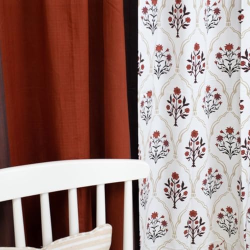 Image of Peepul Tree Pure Cotton Curtain Set of 2 Handwoven and 1 Printed Curtain| Rust and Maroon | 7 ft | Set of 3 | Royal Courtyards Collection