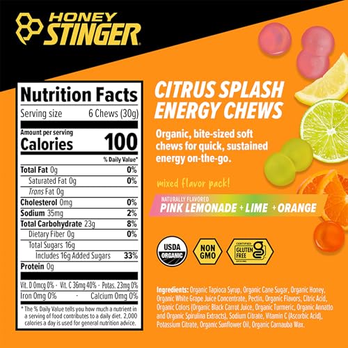 Image of Honey Stinger Organic Citrus Splash Energy Chews, Gluten Free & Caffeine Free, for Exercise, Running and Performance, Sports Nutrition for Home & Gym, Pre and Mid Workout, 21.6 Ounces (Pack of 12)