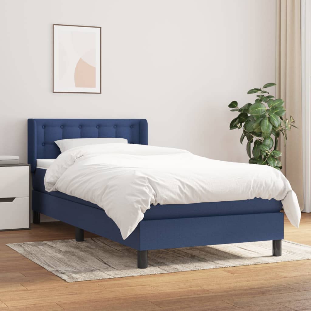 Boxspringbett 100x200 cm, Blaues Polsterbett inkl. Taschenfederkernmatratze und Topper, Höhenverstellbares Kopfteil, Robuster Rahmen, Einzelbett für EIN bequemes Schlaferlebnis