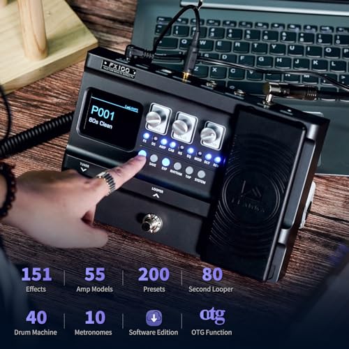 FLAMMA FX100 Guitar Multi-effects Pedal with 55 Amp Models 151 Built-in Effects 80' Looper 40 Drum Machine 10 3rd Party IR Slots Headphone OTG for Home Practice Performance Live Streaming