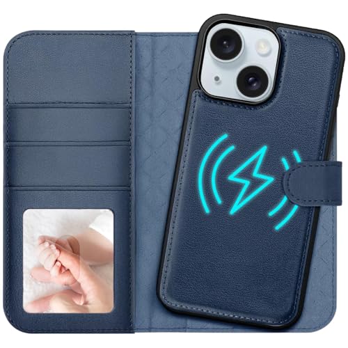 Étui pour iPhone 15 style livre bleu parfait pour voyager léger