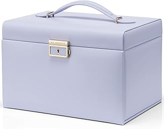 VlandoVlando Velvet Jewelry Organizer Box for Women, Large Leather Jewelry Storage Box with Locked, Mirrored, 3 Drawer for Watch Necklace Ring Earring Storage, Gift for Girl Women and Mom - Purple