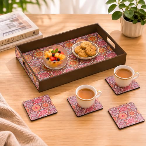 Image of GKD Wooden Serving Tray with Free 4 Coasters - 11x15 Inch Large Tea & Coffee Tray, Snack Tray Decorative MDF Trays for Home & Kitchen - Food Trays with Handles for Dining & Bar (Elegant Mandala)