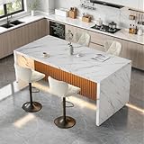 67' Kitchen Island Table with Faux Marble Top, Counter Height Dining Table for Kitchen, Modern Island Table with Fluted Base, Seats 4