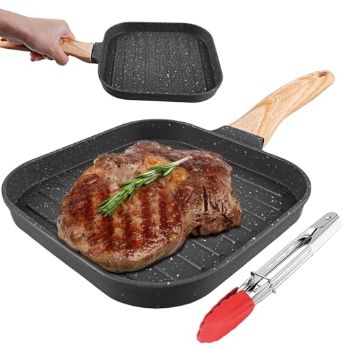 SPORWAY Poêle à griller 18 x 18 cm, en fonte d'aluminium, rectangulaire, avec poignée amovible, anti-adhésive, pour tous les types de feux, four et lave-vaisselle