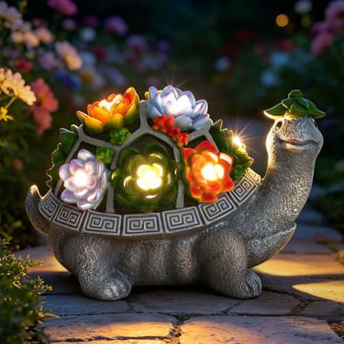 11.1 Inch Large Solar Garden Decor Turtle Statues Lights with Succulent