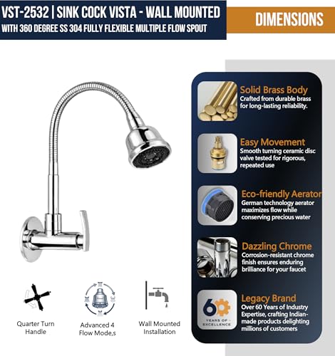 Image of KAMAL Sink Spray Tab Vista - Wall Mounted | SS 304 Spout 360 Degree Dual Flow Shower Mode | Passion Flex Sink Cock Flexible Sink Cock Pillar Cock Shower Type Bib Tap Faucet (Wall Mount Installation)