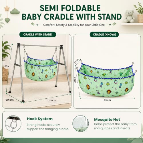 Image of Baby Cradle for New Born with Stand | Semi Foldable Jhula Palna Ghodiyu for 0-3 Years | Portable Baby Swing Cradle with Mosquito Net & Storage Bag for Home & Travel Use