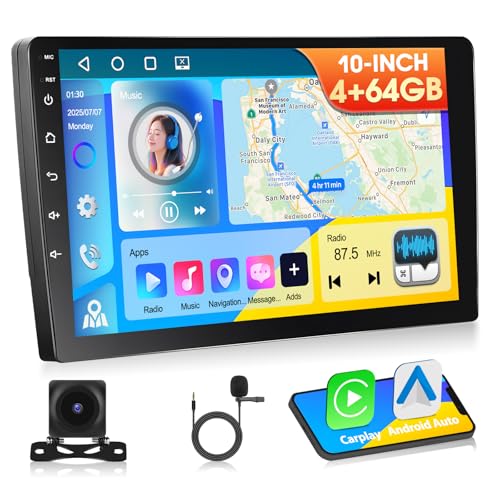 [4G+64G] Autorradio Apple Carplay Inalámbrico con CarPlay y Android Auto, Pantalla Táctil HD de 10'', 2 DIN, Navegación GPS, Bluetooth, Mirror Link, SWC, Ecualizador, FM, RDS, Cámara de reversa y Mic
