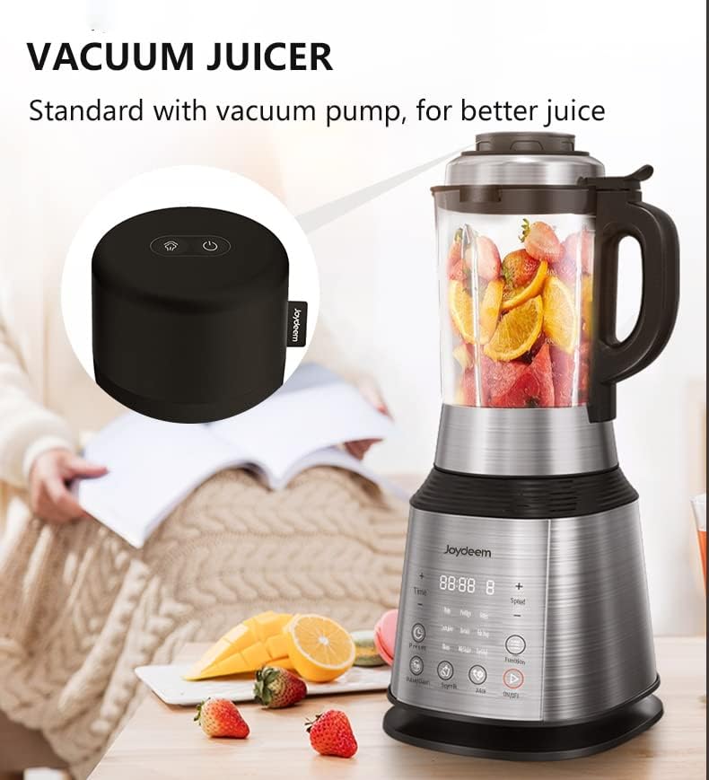 Joydeem Countertop Blender VK-1802 with external vacuum pump. The blender is filled with fruits for juicing, and the vacuum pump is shown next to it.