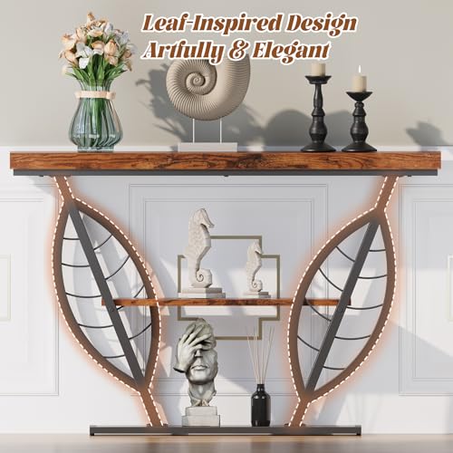 HavenlyYouth Leaf Design Console Table for Entryway, 3-Tier Storage, 30mm Thick Rustic Brown Industrial Metal Frame, Easy-to-Assemble Narrow Accent Table, Space-Saving for Hallway, Entrance, Foyer