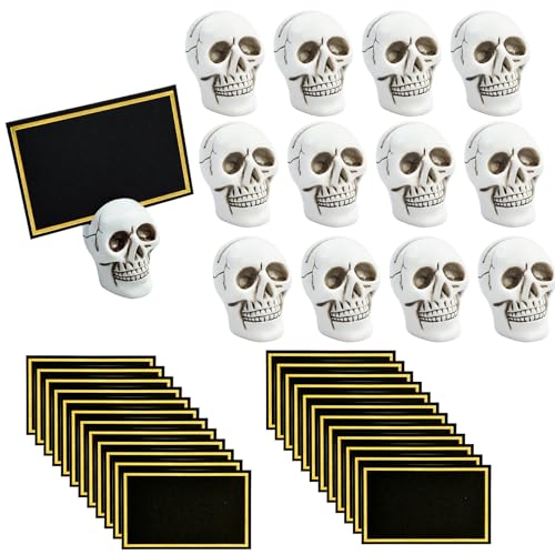 12pcs Halloween Skull Place Card Holders with 24 Cards, Skeleton Table Number Name...