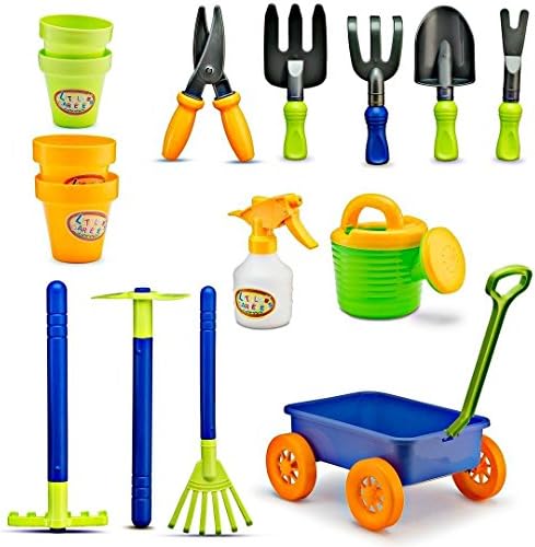 Kids Gardening Tools Set – 15 Pcs Childrens Garden Play Yard Dig Toys – Includes Little Watering Can, Shovels, Rakes, Bucket, Spray Bottle, Scissor, and 4 Plant Pots 