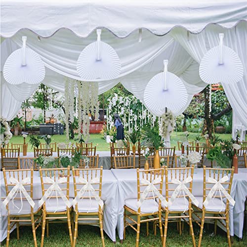 Y.A. LOTUS 48pcs Paper Fans Heart White with 48pcs Bows, Wedding Hand Fan Favors for Guests Bulk, Handheld Fan Foldable Abanicos de Mano Summer Wedding Fans for Party and Home Decoration