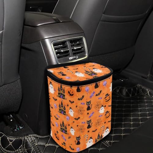 Image of Talayituse Cat Ghost Pumpkin Bat Print Car Trash Can with Lid, Leak Proof Auto Trash Bag Hanging Vehicle Garbage Can Multipurpose Storage Container for Back Seat Road Trip Halloween Decor
