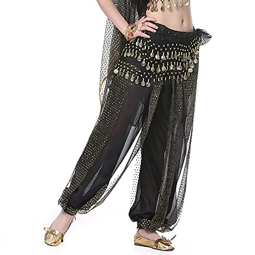 Image of VRITRAZ Women's Chiffon Belly Dance Chiffon Top, Harem Pants and Hip Scarf Ringy Golden Coins Fancy Pants