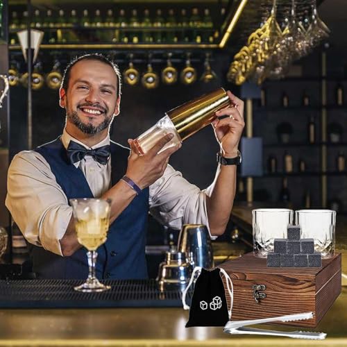 Set de vasos de whisky de lujo con piedras de gintonic y elegante caja rústica 7