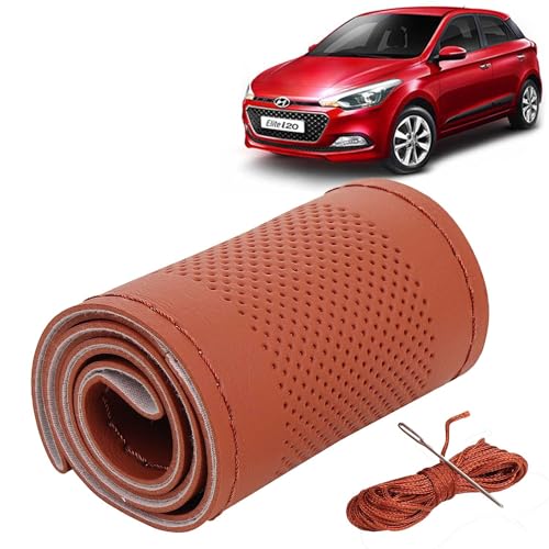 Image of KINGSWAY PU Leatherite Car Steering Cover Sewable Compatible with Hyundai Elite I20 (Year 2014-2017), Tan Color with Tan Thread, Pack of 1 with Sewing Needle and Thread