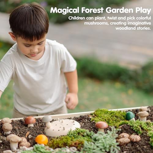 Image of PlanToys Wooden Play & Pick Mushrooms Toy Kids Garden Learning Playset | wooden mushroom play pick set, montessori imaginative sensory, fine motor coordination, color sorting, garden pretend, kids