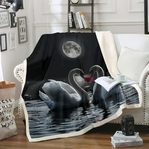 Erosebridal White Swan Blanket Red Rose Flower Throw Blanket Twin,Romantic Floral Fleece Blanket Birds Animal Sherpa Blanket Boho Moon Print Fuzzy Blanket for Boys Girls Bedroom Decor