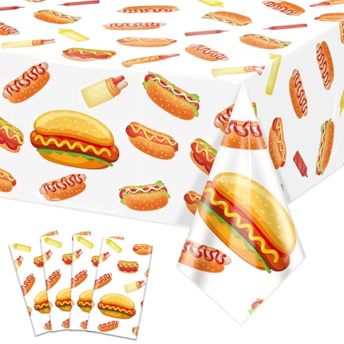 PTECDROTS 4 manteles rectangulares de perro caliente para pícnic, salchichas, barbacoas, perritos calientes, decoración de fiesta de cumpleaños, 130 x 220 cm