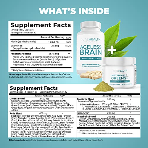 Ageless Brain Memory Supplements For Brain And Metabolic Greens Superfood Powder Bundle - Memory Supplement And Digestive Enzyme Blend #TOP6