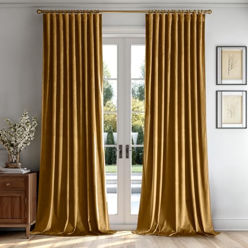Image of MIULEE Gold Velvet Pinch Pleat Blackout Curtains W52 X L90 Inches | 2 Panels,Luxury,Thermal Insulated,Super Soft,Back Tab & Rod Pocket,for Bedroom Living Room