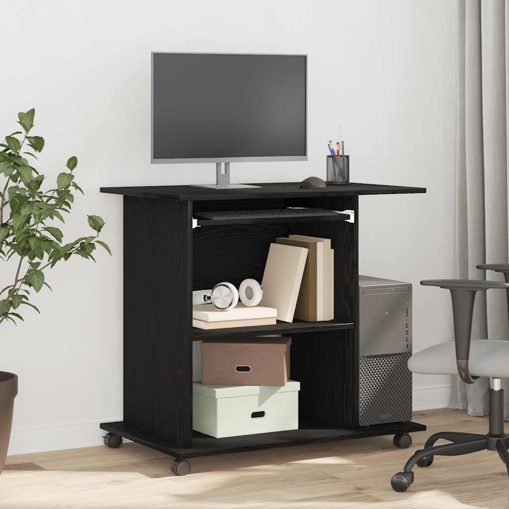 Scrivania Porta PC con Ruote Rovere Nero 80x50x75 cm | Tavolo porta computer compatto con vassoio tastiera estraibile e rotelle, ideale per ufficio e camera da letto.
