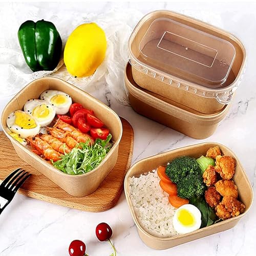 YIMINI Kraftpapier Schale, Take Away Kraftpapier Box, Essen Verpackung Einweg, Mehrweg Schüsseln, Pappschüsseln， Wasserdicht, Ölbeständig, Zum Mitnehmen, Arbeitsessen, Reisen (Mit Deckel, 750ml)