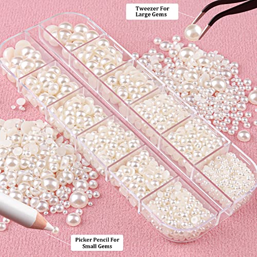 2700 Pcs Flat Back Pearls Kits 1 Box Of Flatback White+1 Box Of Beige Half Round Pearls With Pickup Pencil And Tweezer For Home Diy And Professional Nail Art, Face Makeup And Craft #TOP4