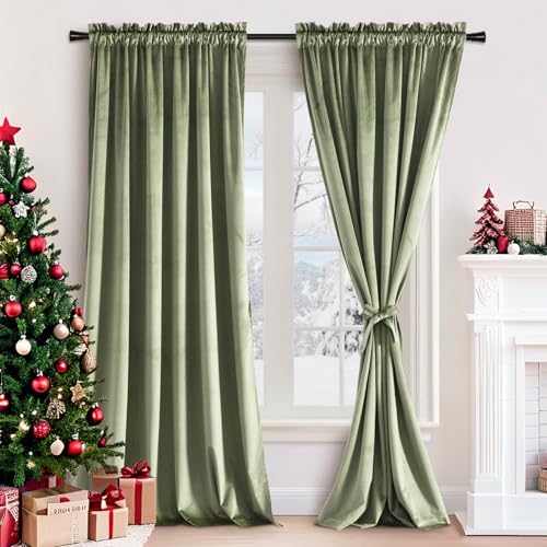 JIUZHEN Velvet Curtains 90 inches - Sage Green Room Darkening Rod Pocket Noise Reducing Window Curtains for Bedroom Living Room Patio Door, 52W x 90L, 2 Panels, Sage Green