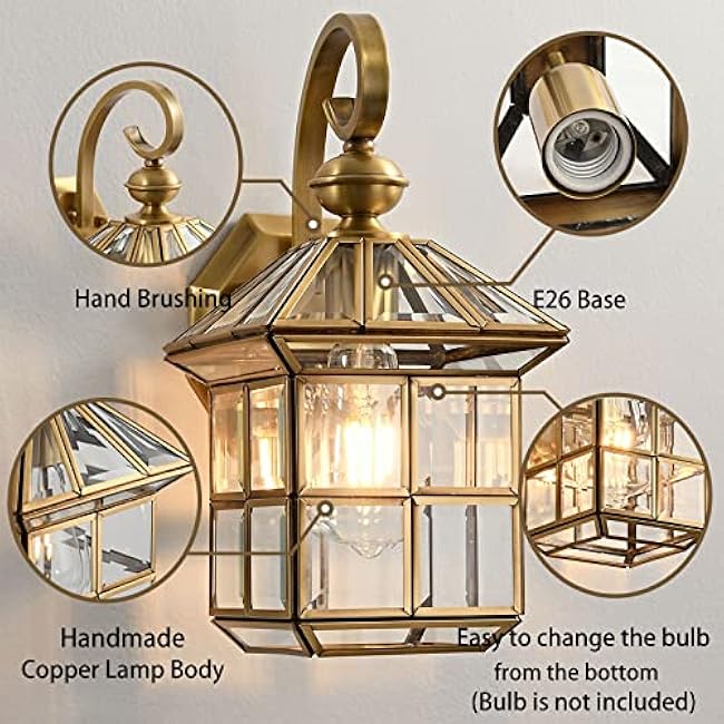 Milaii Copper Brass Outdoor Wall Lights,13.4 Exterior Lantern Light Fixture Waterproof Anti-Rust Wall Mount Lamp with Clear Glass E26 Socket Porch Light for Garage Entryway Patio Balcony