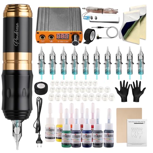 STIGMA Kit de Tatuaje Completo Rotativa Pluma Maquina para Tatuar 10 Colores Tintas, Fuente de Alimentacion Digital 10pcs Cartuchos de Tatuaje y Instruccion STP35KITP192-9