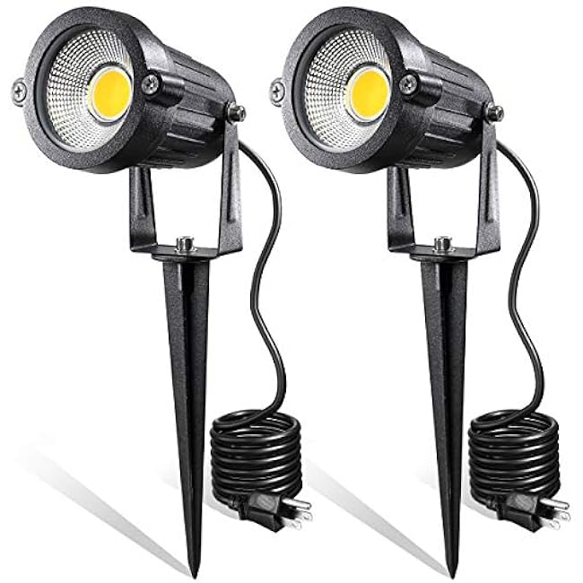 LED Landscape Lights,5W 120V AC Outdoor Pathway Garden Yard Spotlight,IP65 Waterproof Garden Flood Light,Outdoor Spotlight with Stake,UL Cord 5-ft with Plug (Pack of 2, Warm White)