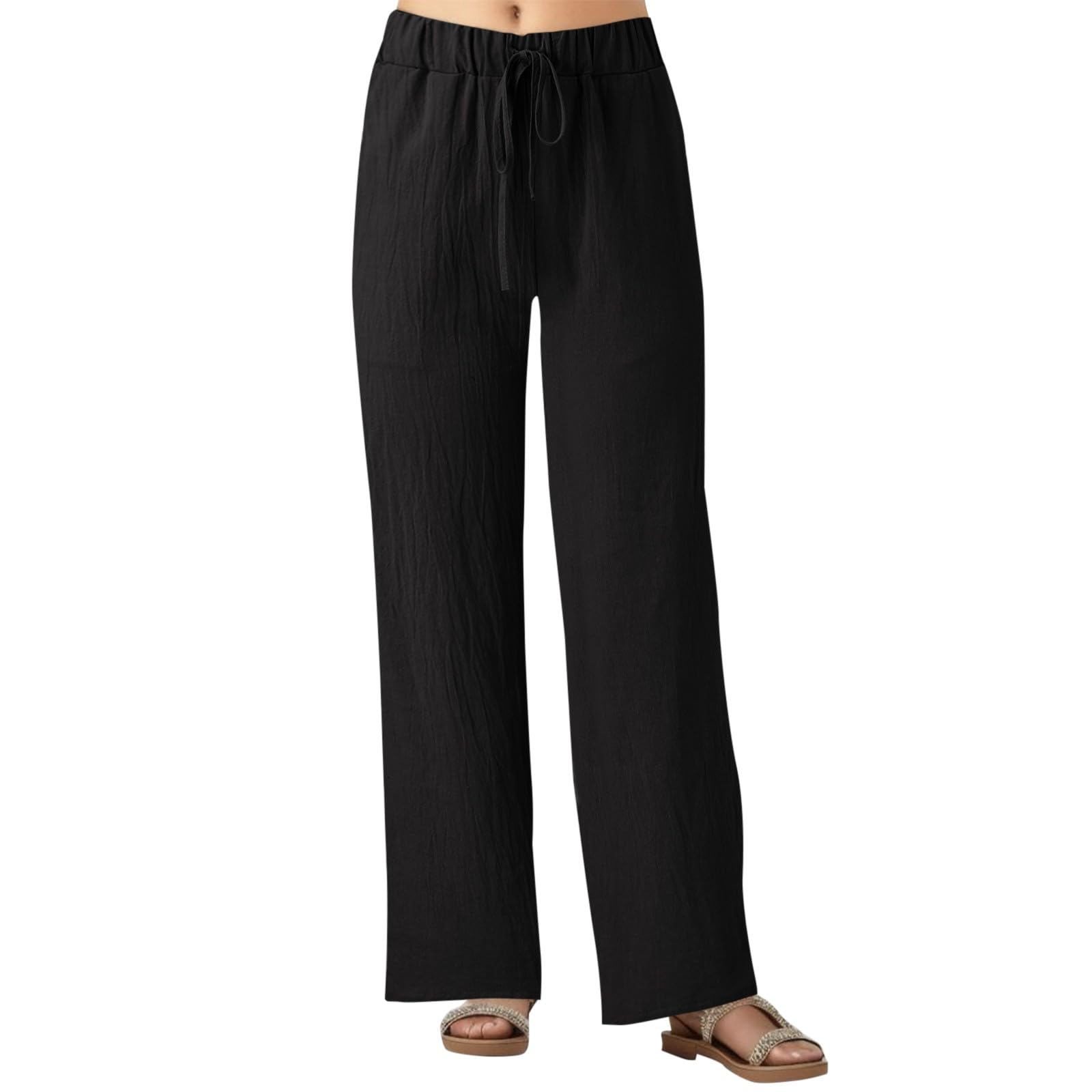Women's A#Black Linen Trousers Uk Summer Drawstring Elastic Waist Pants Straight Leg Linen Trouser Casual Lightweight Baggy Trousers Comfy Lounge Pants Black M