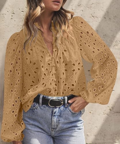 BETTE BOUTIK Women's Long Short Sleeve Tops 2025 Dressy Casual Button Hollow Out Lace Embroidered Blouses Shirts