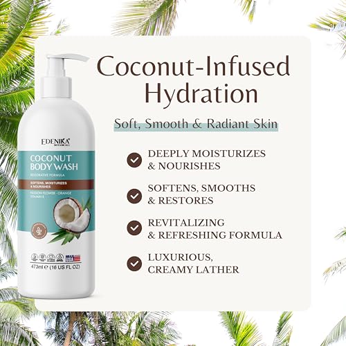 Image of EDENIKA BOTANICALS Coconut Body Wash, Cleans, Softens & Nourishes, Ultra Moisturizing Shower Gel for Dry and Sensitive Skin, Women & Men, Organic & Natural, 16 fl oz