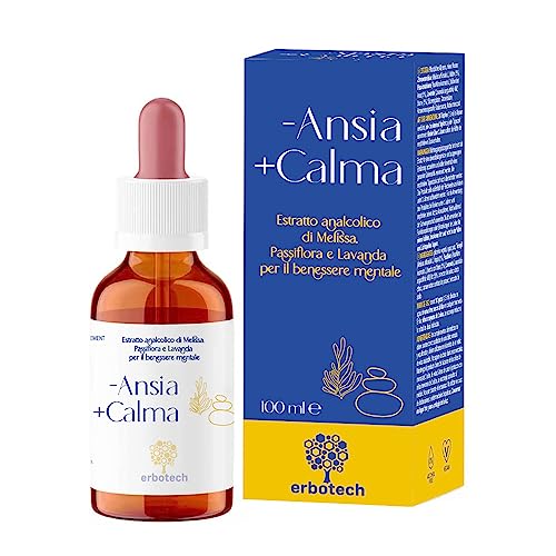 ERBOTECH, Mix-Anxiety Calming+ Tintura Madre, sin alcohol, gotas diluibles, combate la ansiedad y el estrés y aumenta el bienestar mental, Vegano, sin OGM, Made in Italy, 100ml