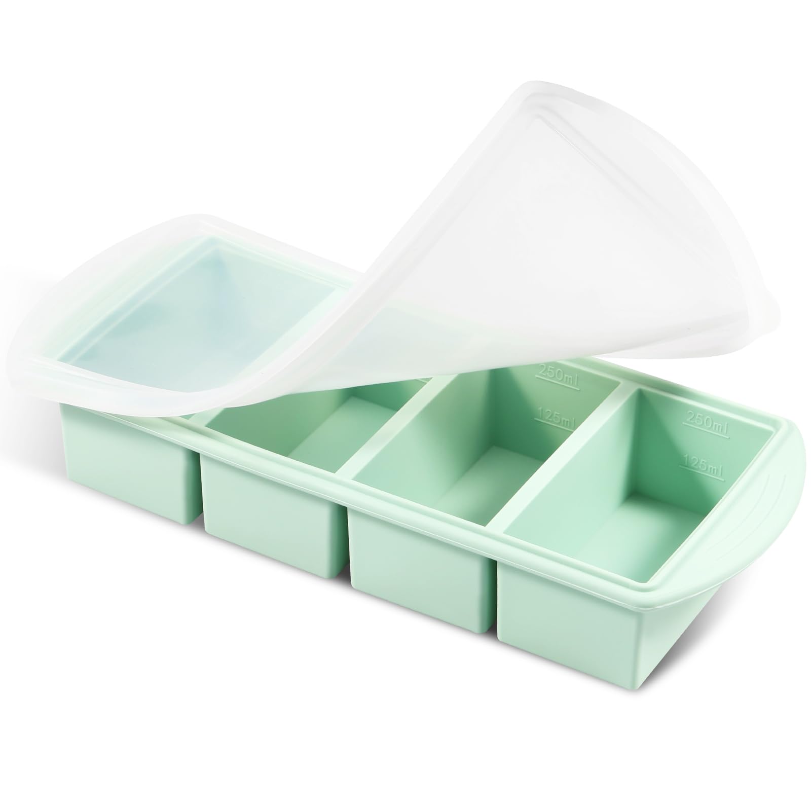Bpyhebe Ice Cube Tray with Lid, 4-Cup Soup Freezer with Steel Frame, 250ml Per Compartment, BPA-Free Silicone Freezer Moulds for Broth, Sauce, Baby Food, Ice Cubes, Oven & Dishwasher Safe