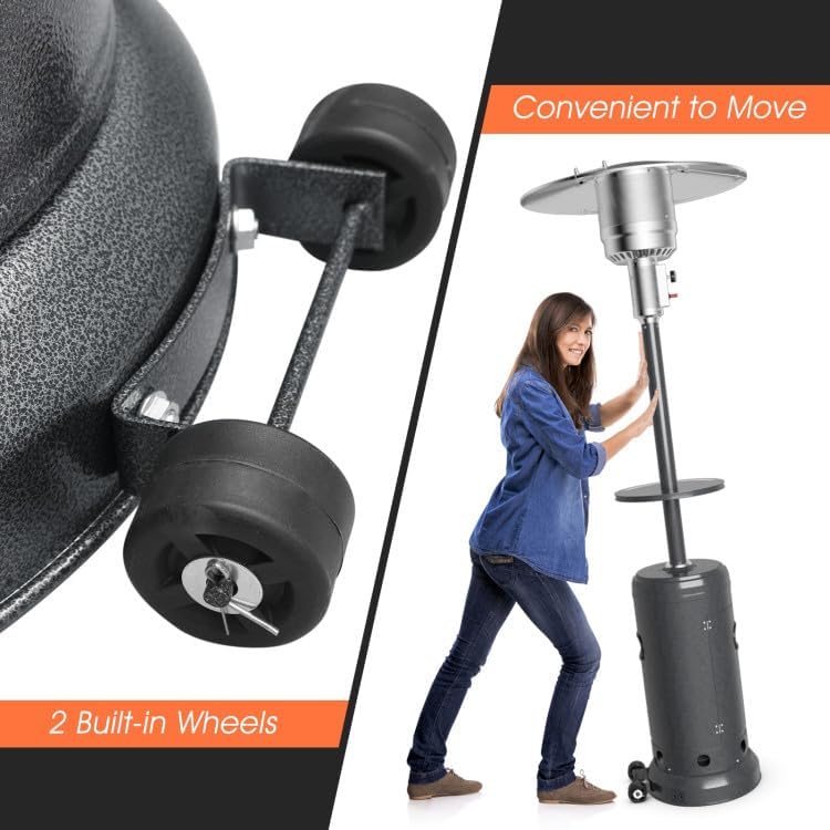 Propane Outdoor Heater 48000BTU 87in Steel Standing Design with Built-in 16in Table, 2 Wheels, Reflective Dome & Anti-Tip Mechanism