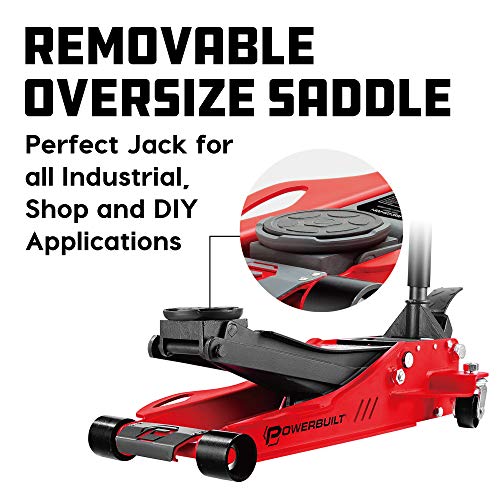 Image of Powerbuilt 2.5 Ton Low Profile Fast Lift Floor Jack - Heavy Duty Dual Piston Quick Pump, 3 inch to 19.5 inch Lift Range for Cars, Trucks, SUVs - Precision Foot Pump, Wide Saddle - 240076