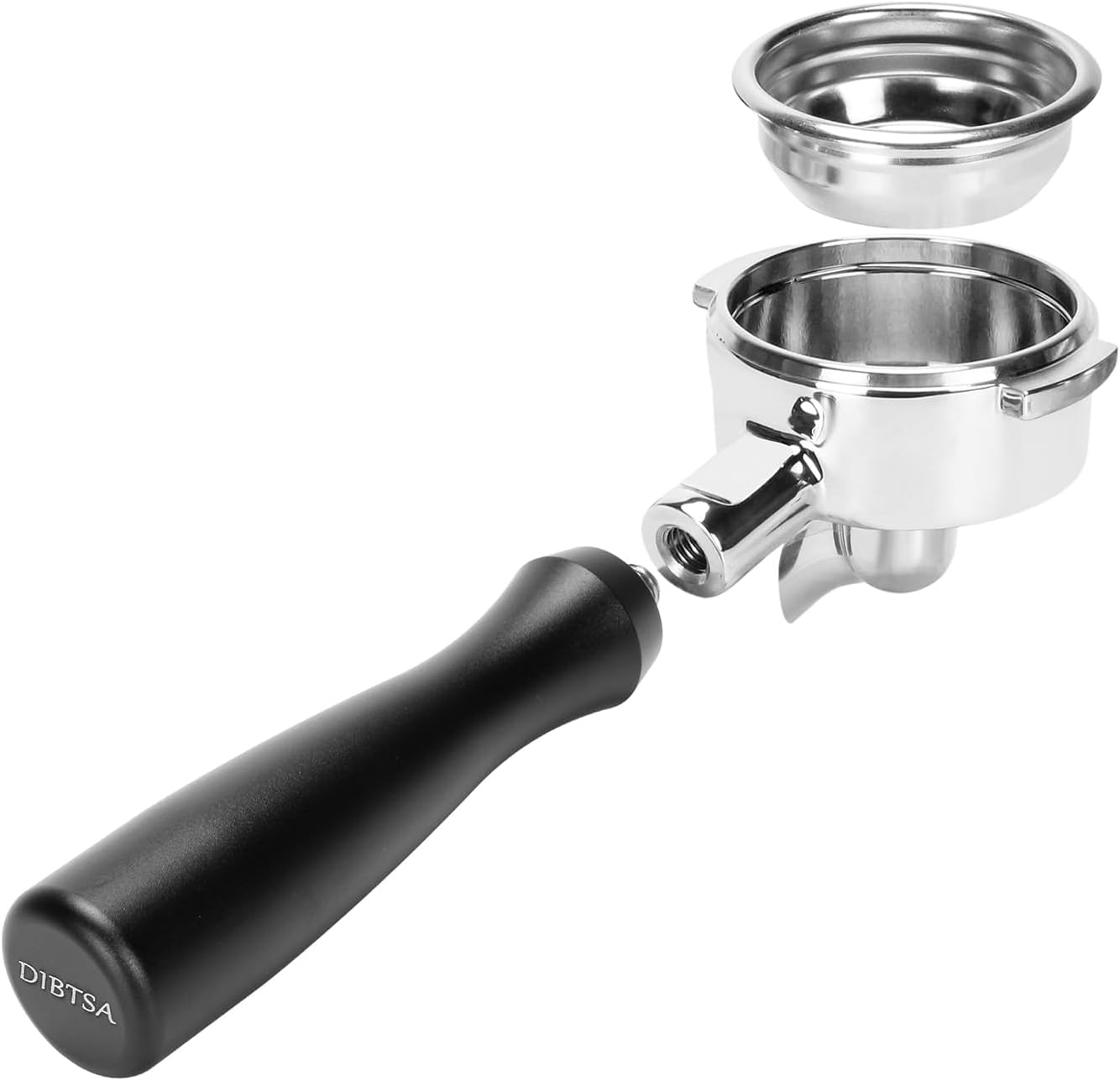 DIBTSA Portafilter Single Spout 58mm 2 Ears Compatible with La Marzocco, Included 304 Stainless Steel Filter Basket and Puck Screen, Anodized Aluminum Handle, Black