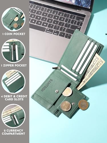 Image of SAMTROH Vegan Leather Wallet for Men | Vintage Printed | Premium Vegan Leather Craftsmanship | 3 Card Slots I 2 Cash Compartments & Secret Slots | 1 Coin Pocket. (Eagle, Green)