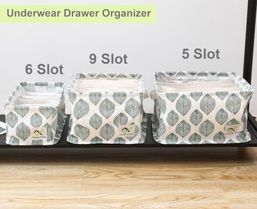 Image of House of Quirk Cotton Linen Set Of 3 Underwear Organizer Set - 5 /6 /9-Compartment Dividers For Closet & Drawer (White /Green Leaf), Clothing