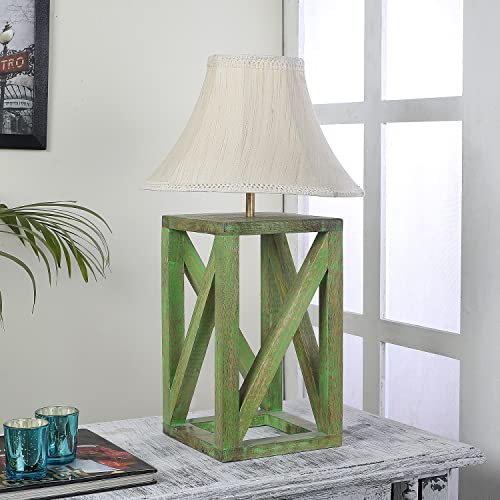 Image of tu casa Handcrafted Mango Wood Table Lamp with Brown Cotton Fabric Shade | Decorative Bedside Night Lamp for Bedroom & Living Room | Wooden Nightstand & Study Table Lamp for Home Decor & Gifting