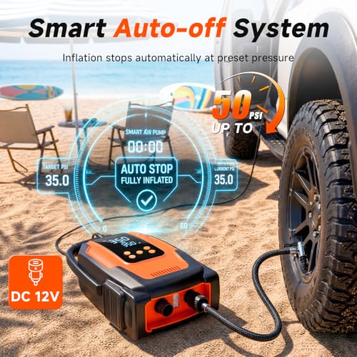 Paddle Board Electric Pump, 50 PSI High Pressure SUP Pump with Auto-Off, 12V DC Paddleboard Pump with Inflation & Deflation, 8 Nozzles Air Pump for Paddle Board, Inflatables, Kayaks, Car Tires, Orange - image 4