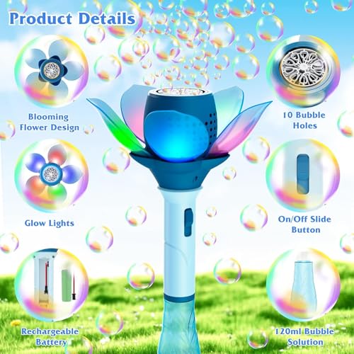 Bombble Elektrisch Seifenblasenspielzeug, Lotosblume Seifenblasenmaschine Kinder 10000+ Seifenblasen/Min mit 120ML Seifenblasenlösung/AKK/LED für Outdoor/Party/Hochzeit, Bubble (Blue)