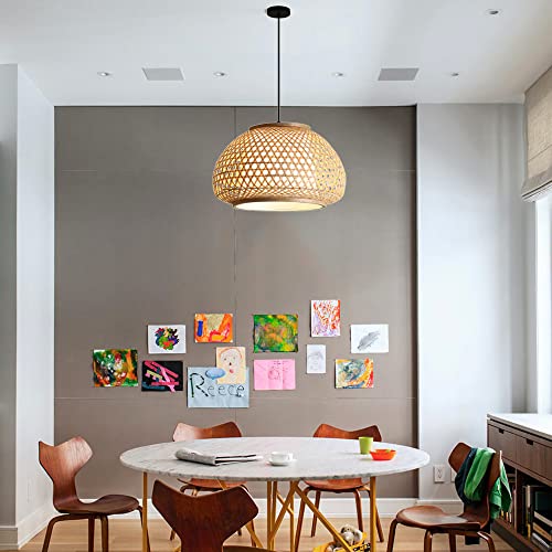 KWOKING Lighting Handmade Flush Mount Ceiling Light Retro Bamboo Dome Shade Pendant Light 1 Light Woven Hanging Lamp for Dining Table,Restaurant - 15.75" - Image 9