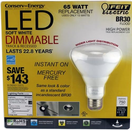 Feit Electric Br30 Flood Dimmable 13w/65w LED Light Bulb 750 Lumens 110° Degree