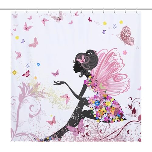 ZhiRain Butterfly Women Shower Curtain Fairy Girl with Wings Floral Fantasy Garden Butterflies Printed Waterproof Fabric Bathroom Curtains Home Privacy Bath Decor with 12 Hooks 72x84Inch(183x214cm)
